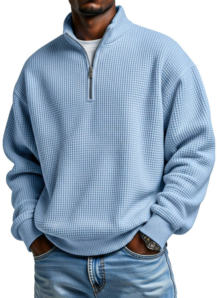 Relaxed Waffle Knit Half Zip Stand Collar Pullover Set of 2 on white
