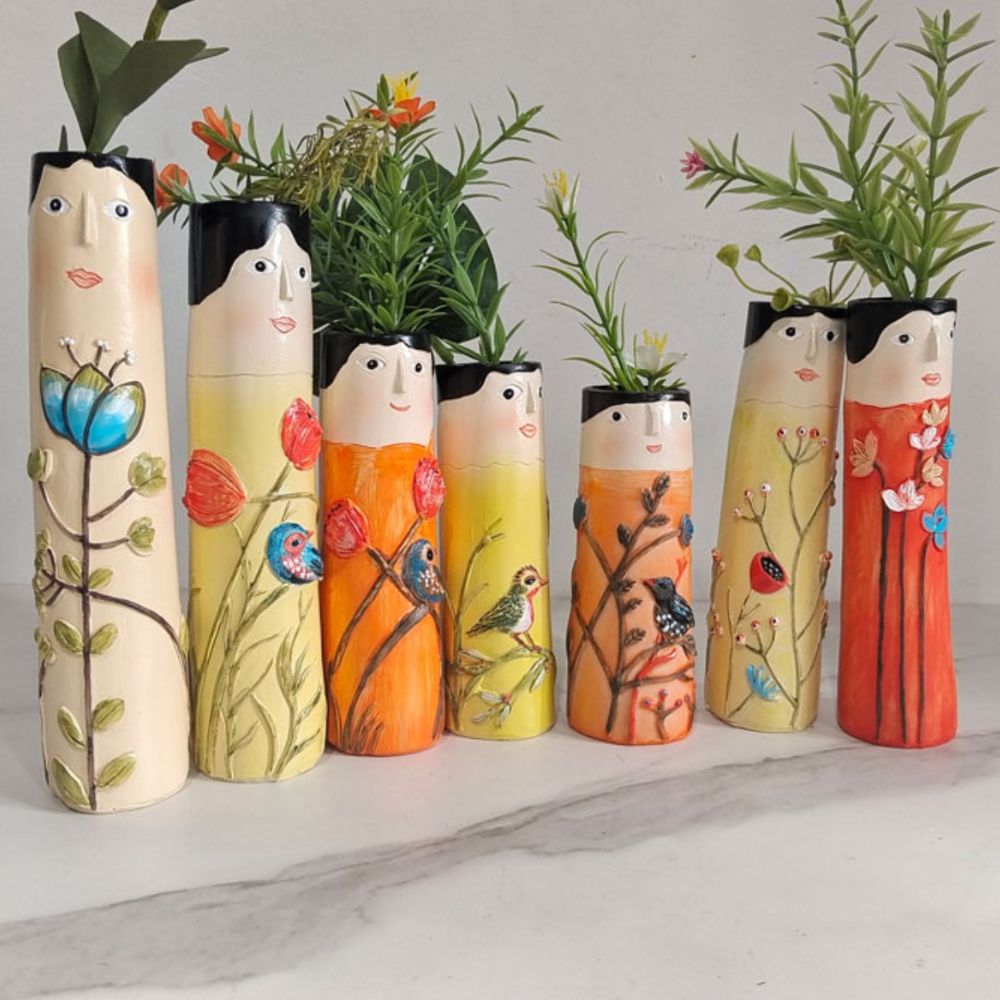Resin Bud Vases Set of 7 Figure Design with Flowers and Birds Set of 7 1