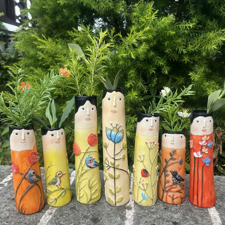 Resin Bud Vases Set of 7 Figure Design with Flowers and Birds Set of 7 2