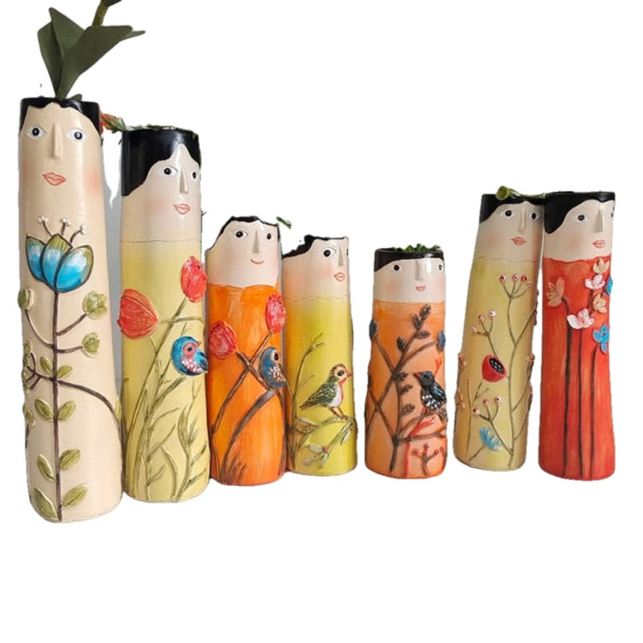 Resin Bud Vases Set of 7 Figure Design with Flowers and Birds on white