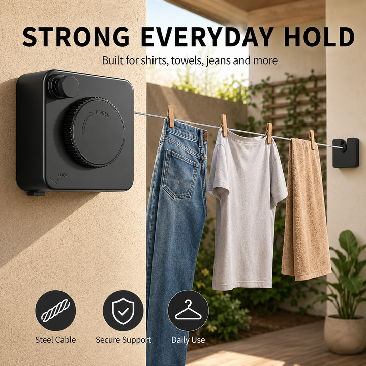 Retractable Clothesline Stainless Steel Cable Wall Mounted Black 1