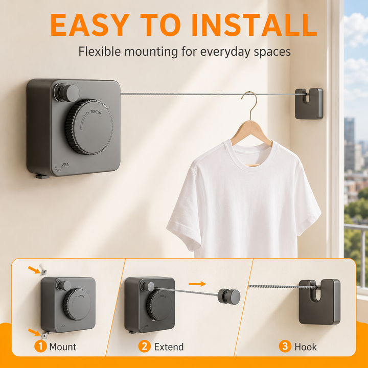 Retractable Clothesline Stainless Steel Cable Wall Mounted Gray 1