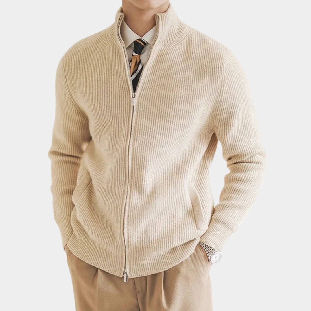 Ribbed Knit Full Zip Cardigan Stand Collar Set of 2 Beige 1