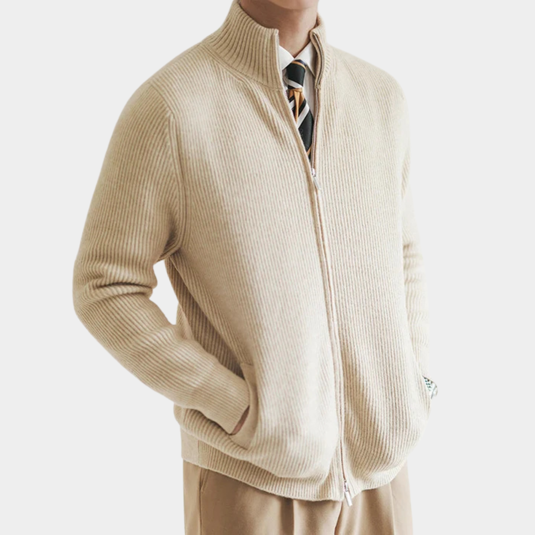 Ribbed Knit Full Zip Cardigan Stand Collar Set of 2 Beige 2