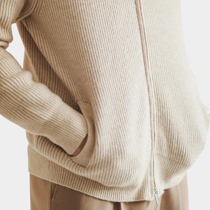 Ribbed Knit Full Zip Cardigan Stand Collar Set of 2 Beige 3