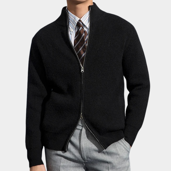 Ribbed Knit Full Zip Cardigan Stand Collar Set of 2 Black 1
