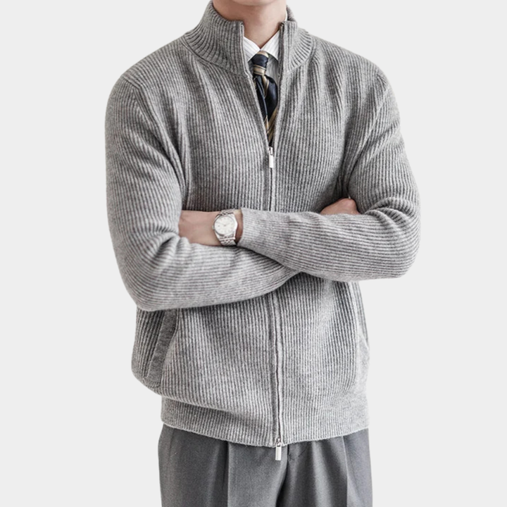 Ribbed Knit Full Zip Cardigan Stand Collar Set of 2 Gray 1
