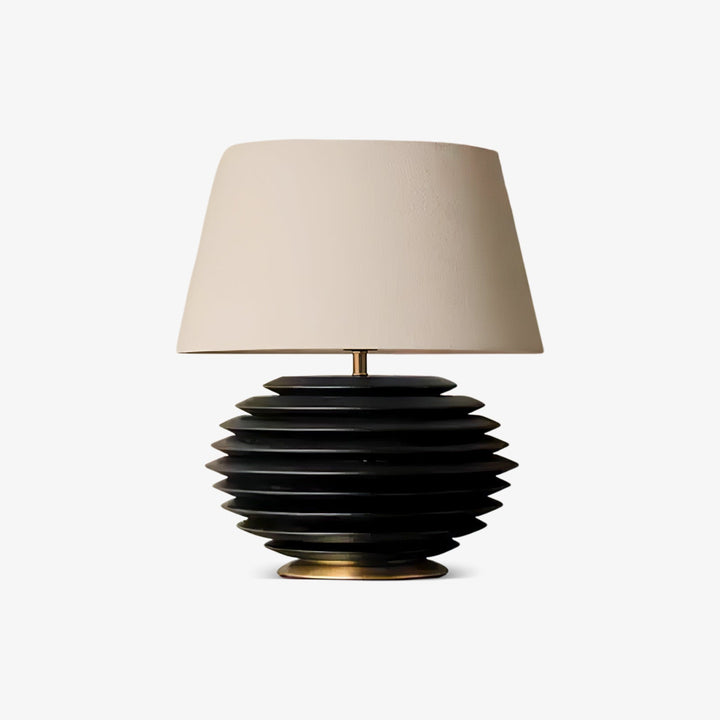 Ribbed Wood Table Lamp Black Base Fabric Shade 19.7 in Set of 2 1