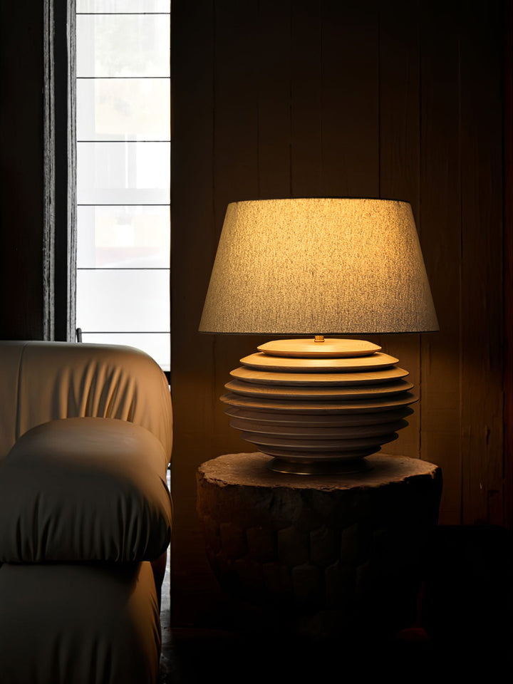 Ribbed Wood Table Lamp Black Base Fabric Shade 19.7 in Set of 2 2