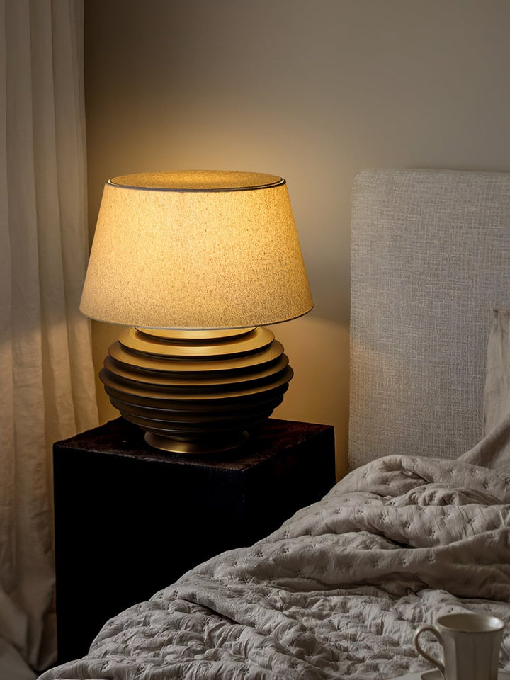 Ribbed Wood Table Lamp Black Base Fabric Shade 19.7 in Set of 2 3