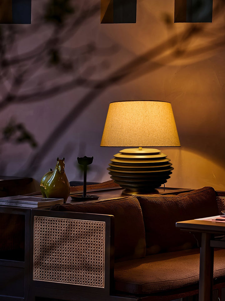 Ribbed Wood Table Lamp Black Base Fabric Shade 19.7 in Set of 2 4
