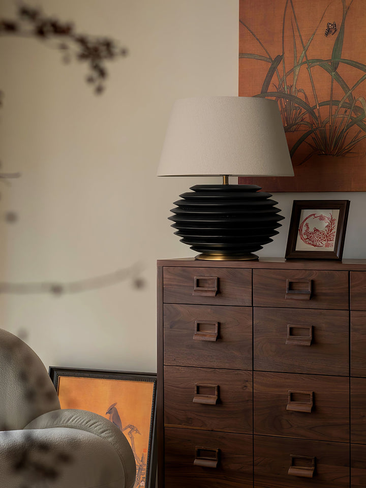 Ribbed Wood Table Lamp Black Base Fabric Shade 19.7 in Set of 2 5
