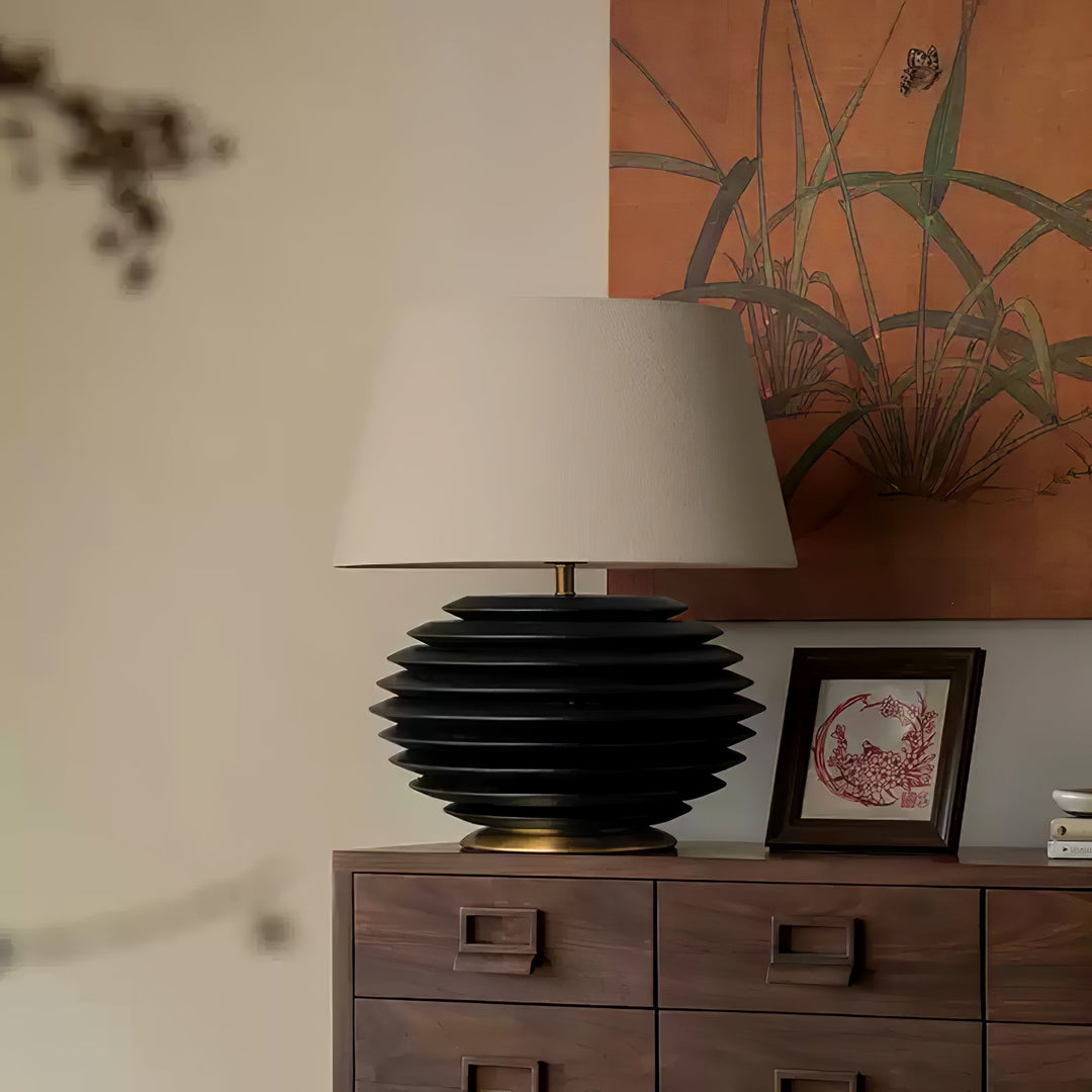 Ribbed Wood Table Lamp Black Base Fabric Shade 19.7 in Set of 2 6