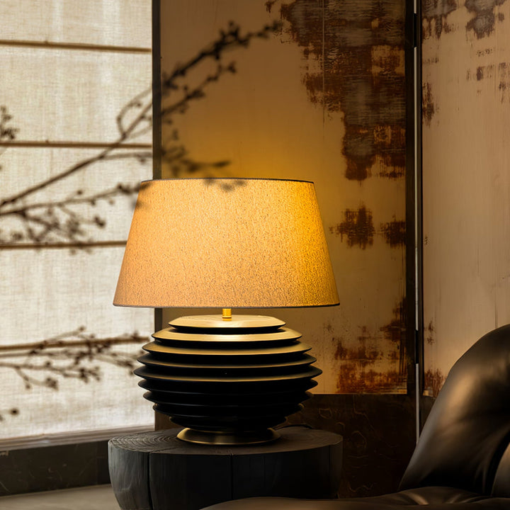 Ribbed Wood Table Lamp Black Base Fabric Shade 19.7 in Set of 2 7