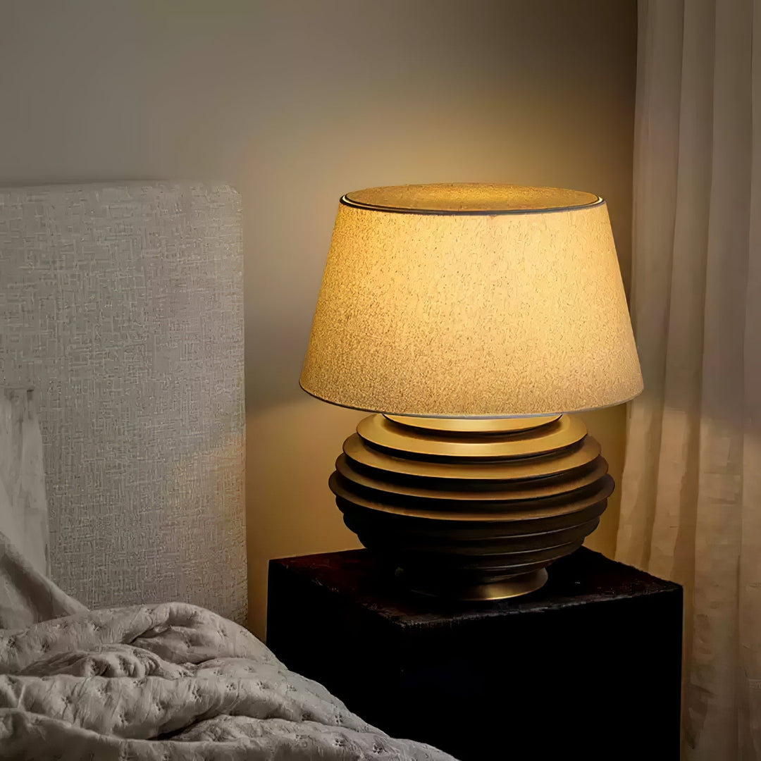 Ribbed Wood Table Lamp Black Base Fabric Shade 19.7 in Set of 2 8