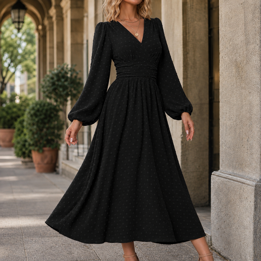 Ruched Waist A Line Midi Dress Lantern Sleeves Black 1