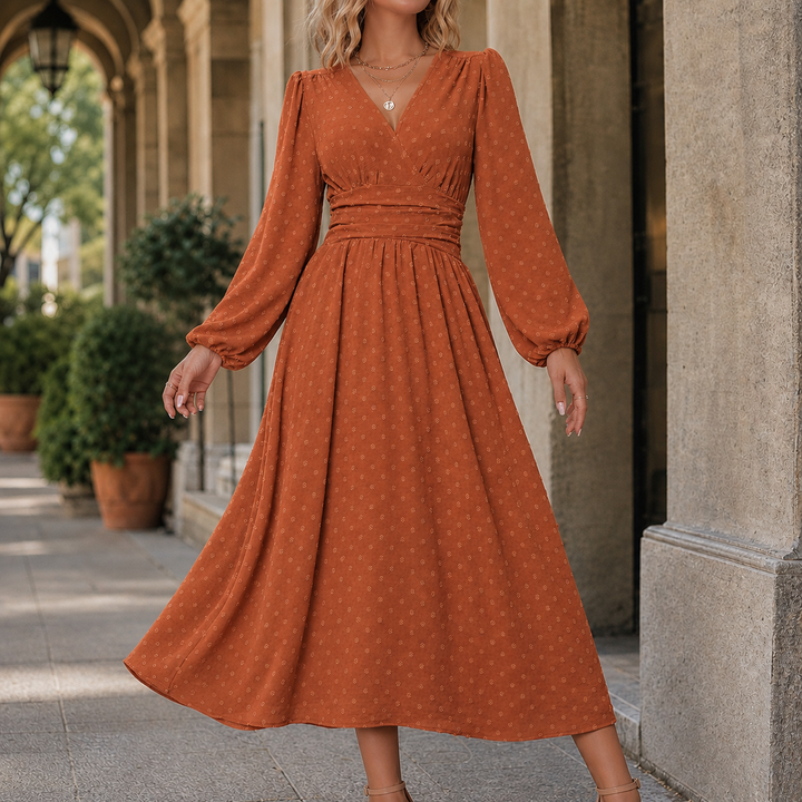 Ruched Waist A Line Midi Dress Lantern Sleeves Brick Red 1