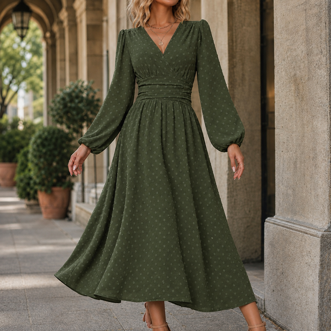 Ruched Waist A Line Midi Dress Lantern Sleeves Military Green 1