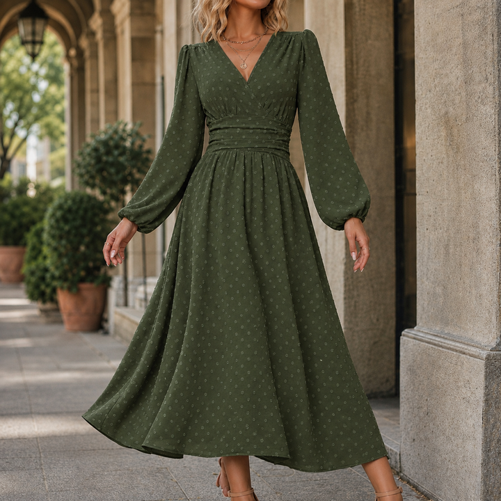 Ruched Waist A Line Midi Dress Lantern Sleeves Military Green 1