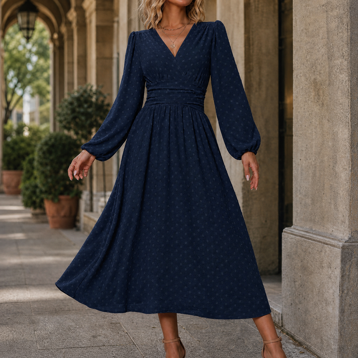 Ruched Waist A Line Midi Dress Lantern Sleeves Navy 1