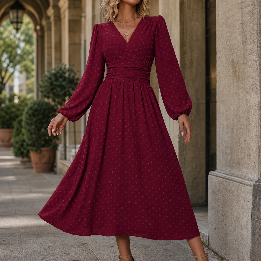 Ruched Waist A Line Midi Dress Lantern Sleeves Wine Red 1