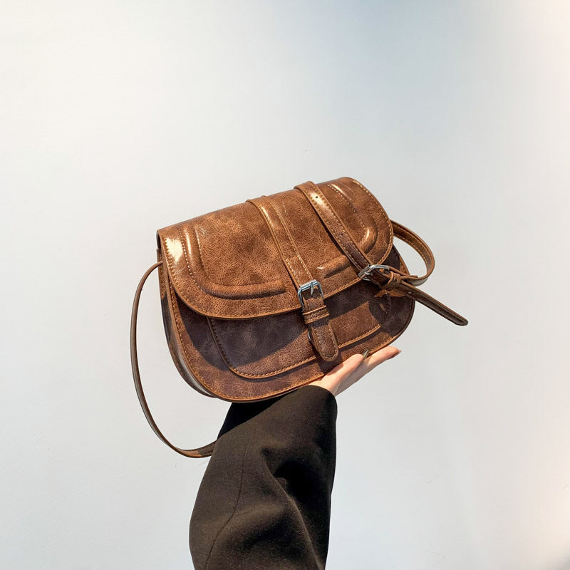 Saddle Crossbody Bag Faux Leather 41.7 Inch Strap Brown 1
