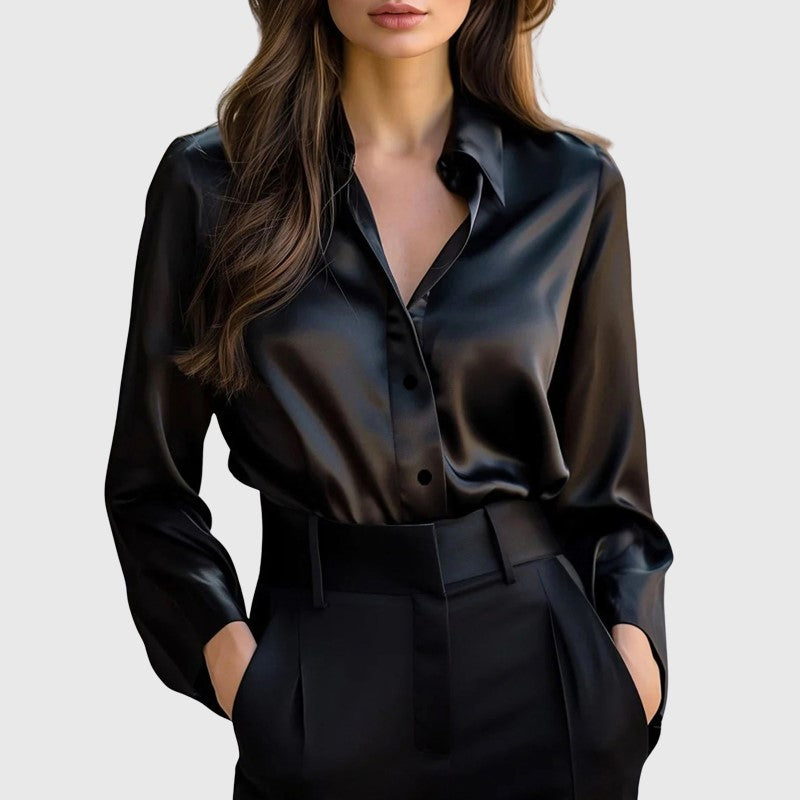 Satin Long Sleeve Button Down Blouse Black 1