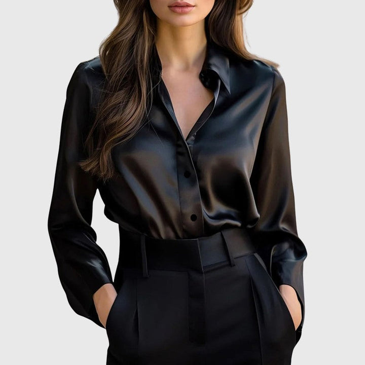 Satin Long Sleeve Button Down Blouse Black 1