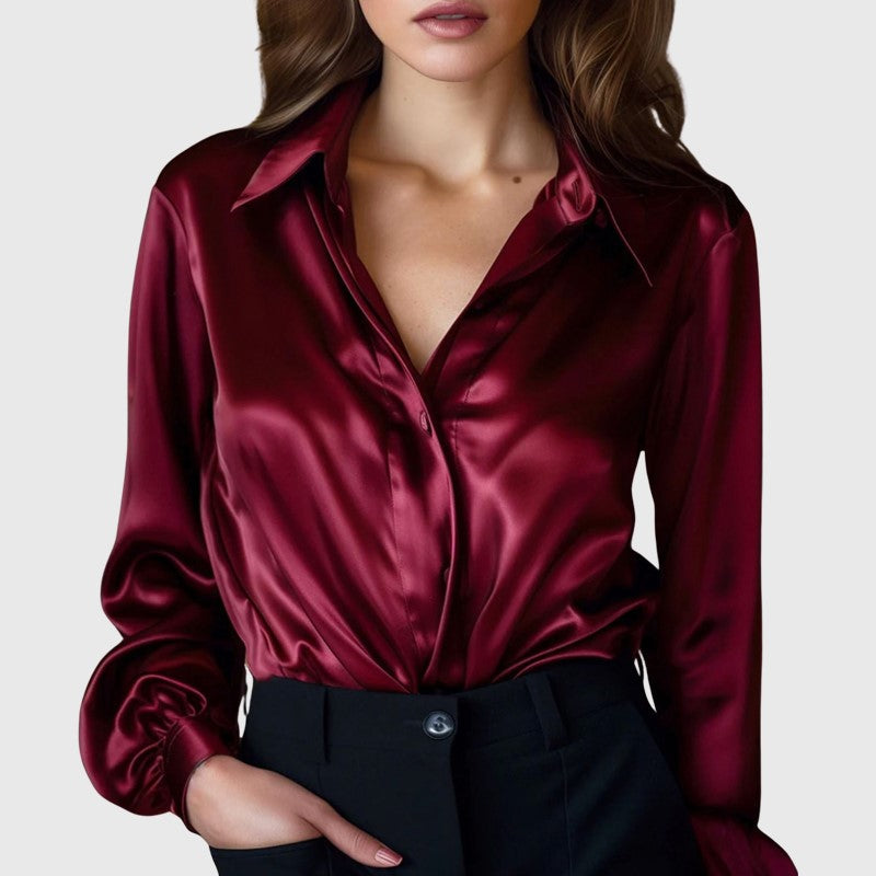 Satin Long Sleeve Button Down Blouse Burgundy 1