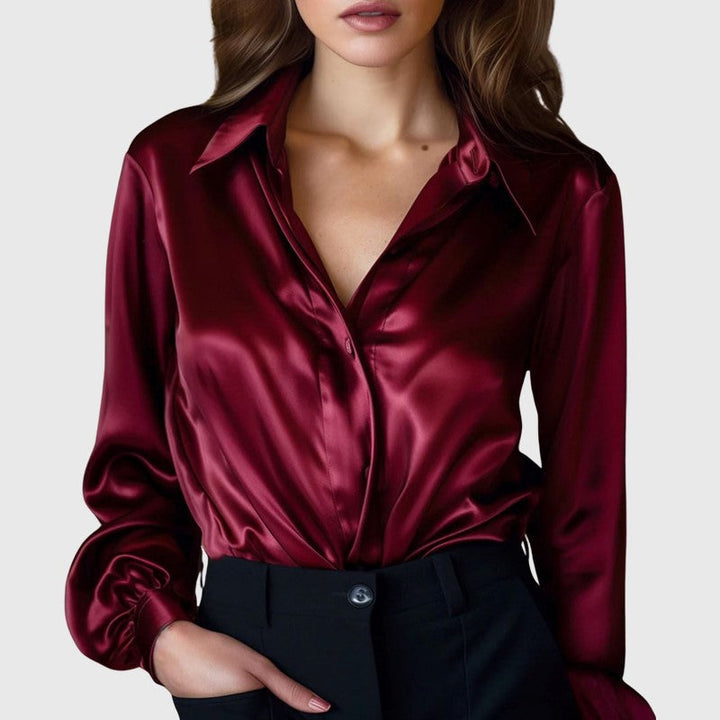 Satin Long Sleeve Button Down Blouse Burgundy 1