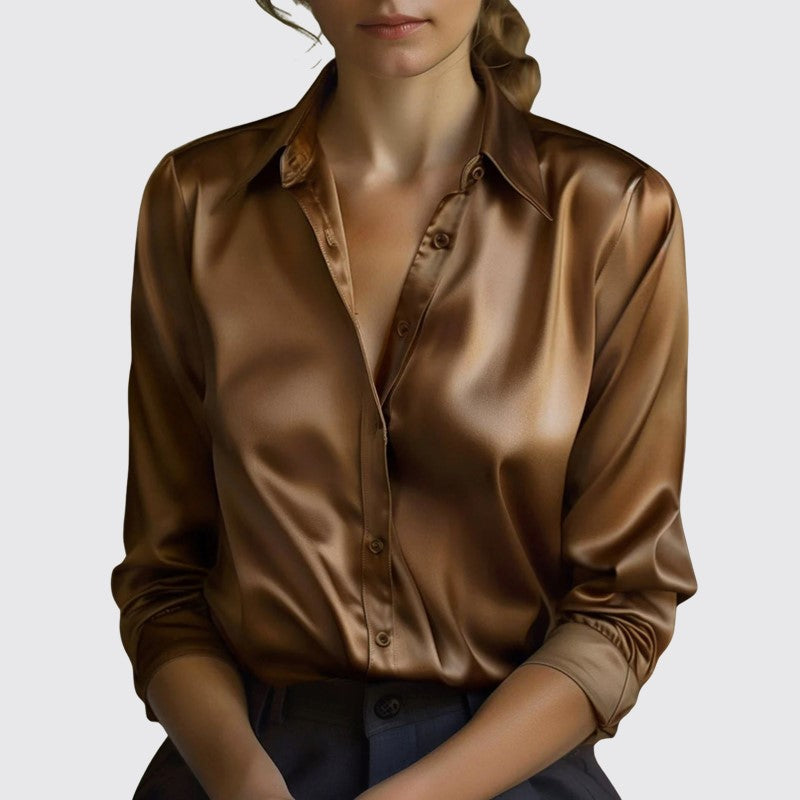 Satin Long Sleeve Button Down Blouse Caramel 1