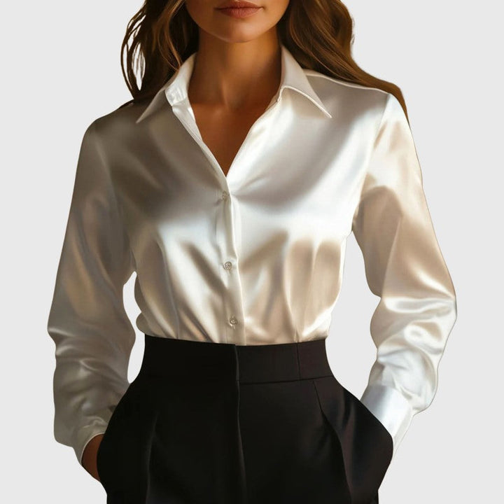 Satin Long Sleeve Button Down Blouse Ivory 1