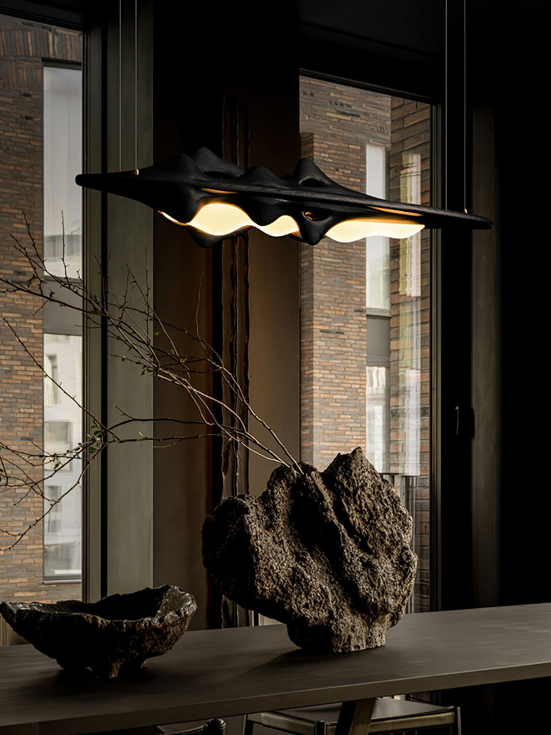 Sculpted Wave Linear Pendant Light 47.2 in Set of 3 Black 1