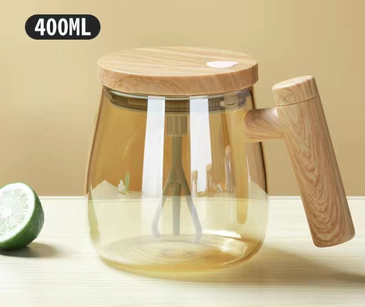 Self Stirring Mixing Mug 400 ml Battery Powered Set of 3 Champagne, Wood Handle 1