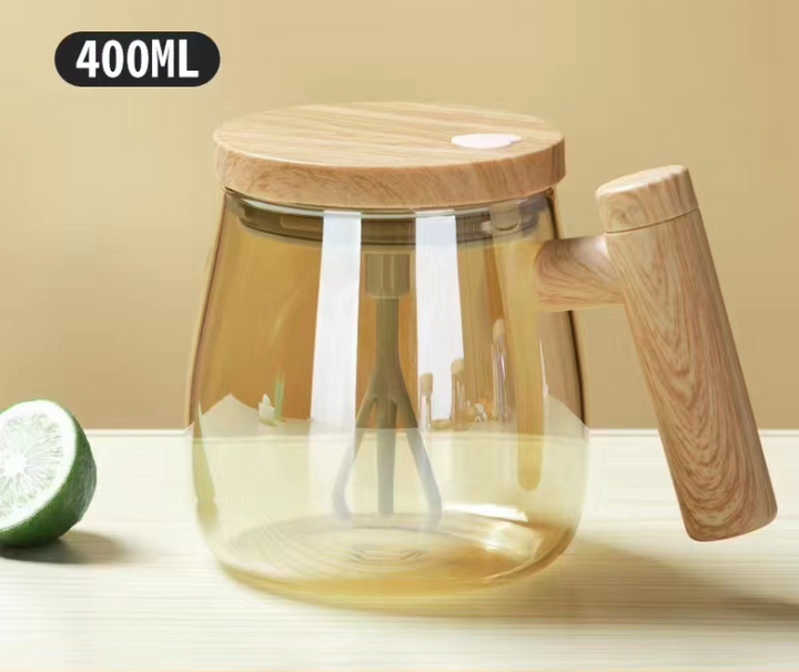 Self Stirring Mixing Mug 400 ml Battery Powered Set of 3 Champagne, Wood Handle 1