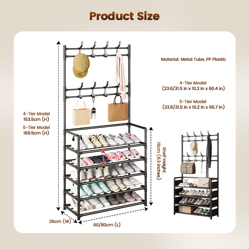 Shoe and Coat Rack with Hooks 4 or 5 Tier Black 1