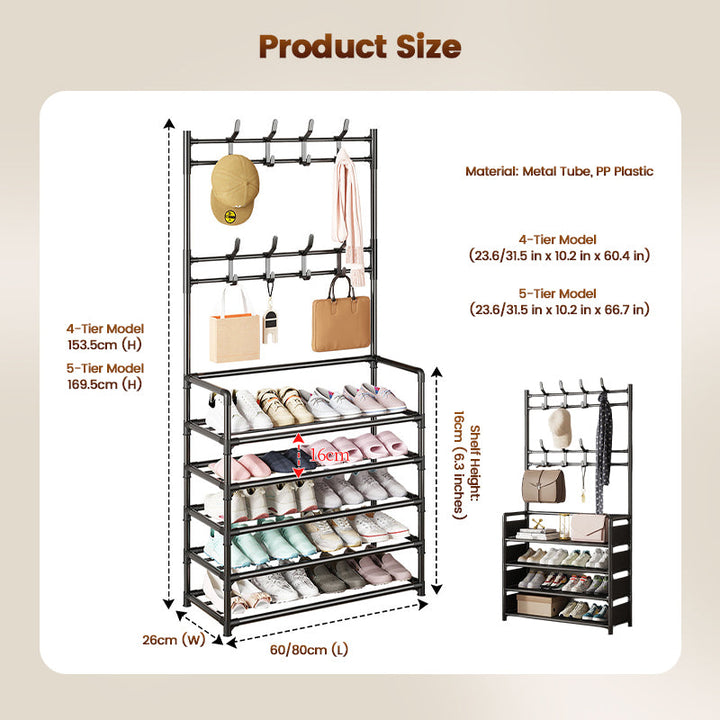Shoe and Coat Rack with Hooks 4 or 5 Tier Black 1