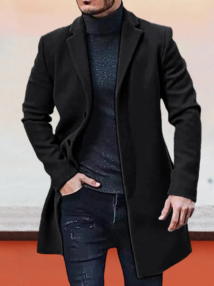 Single Breasted Wool Blend Coat Notch Lapel Black 1
