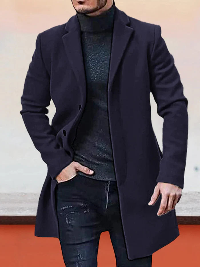 Single Breasted Wool Blend Coat Notch Lapel Navy Blue 1