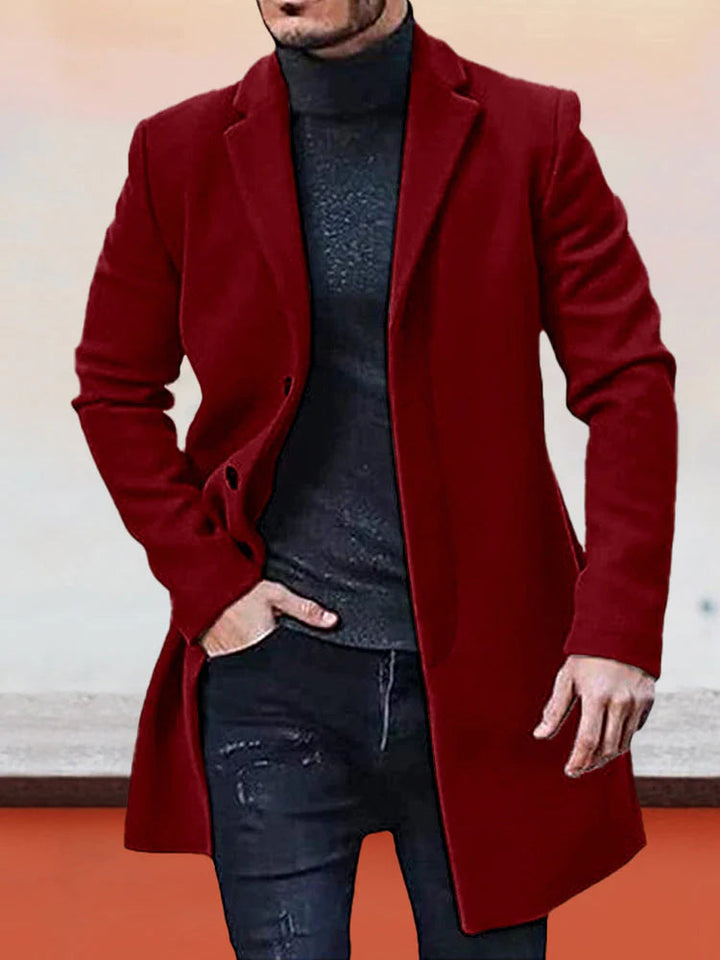 Single Breasted Wool Blend Coat Notch Lapel Wine Red 1