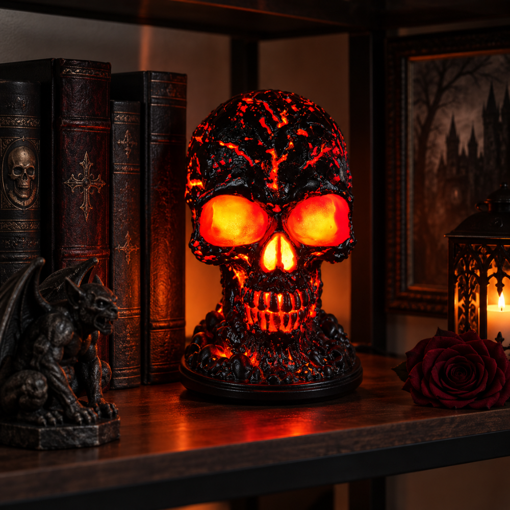 Skull Table Lamp USB Powered Black and Orange Resin 2