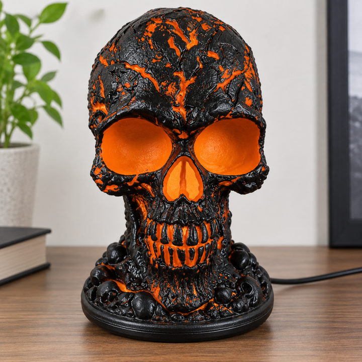 Skull Table Lamp USB Powered Black and Orange Resin 3