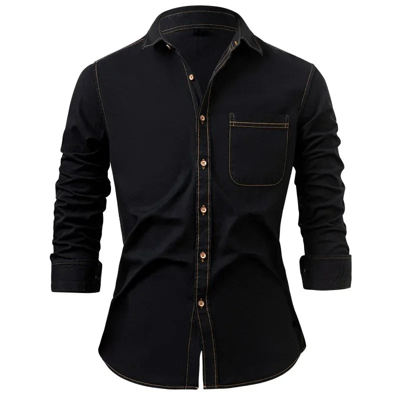 Slim Denim Look Button Up Shirt Black 1