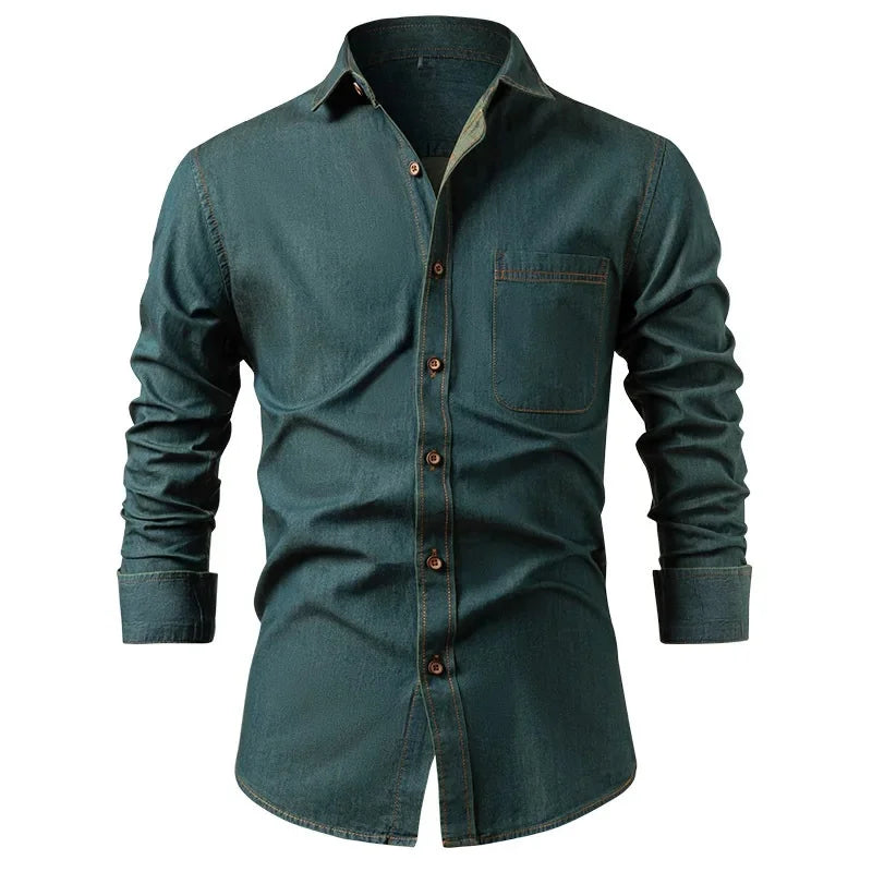 Slim Denim Look Button Up Shirt Dark Green 1