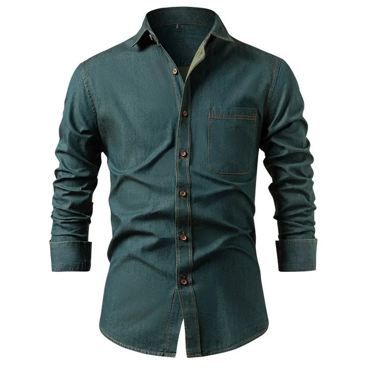 Slim Denim Look Button Up Shirt Dark Green 1