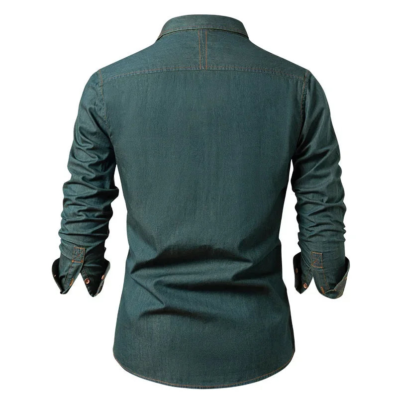 Slim Denim Look Button Up Shirt Dark Green 2