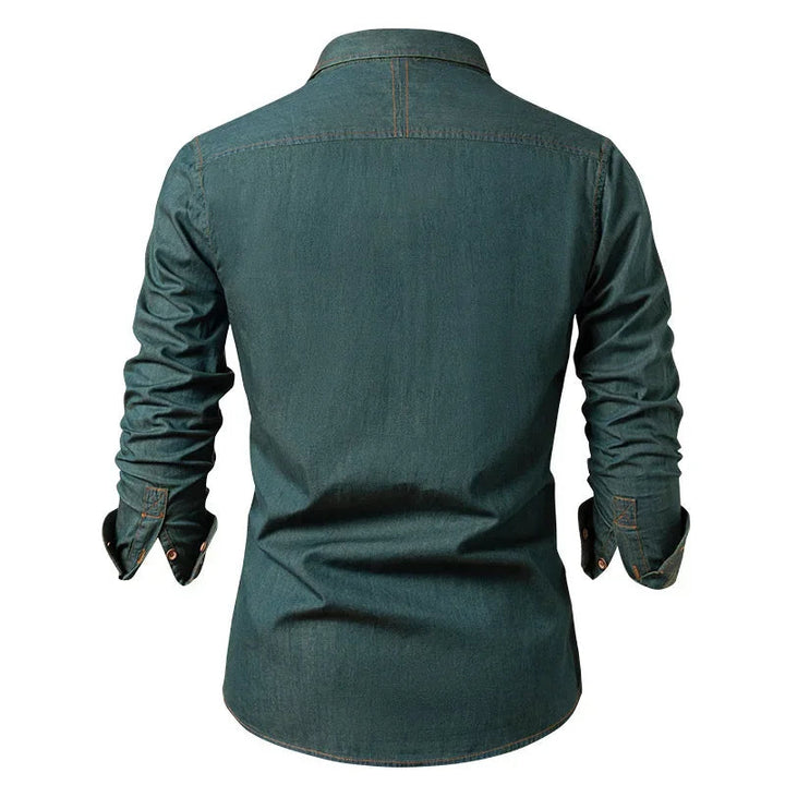 Slim Denim Look Button Up Shirt Dark Green 2