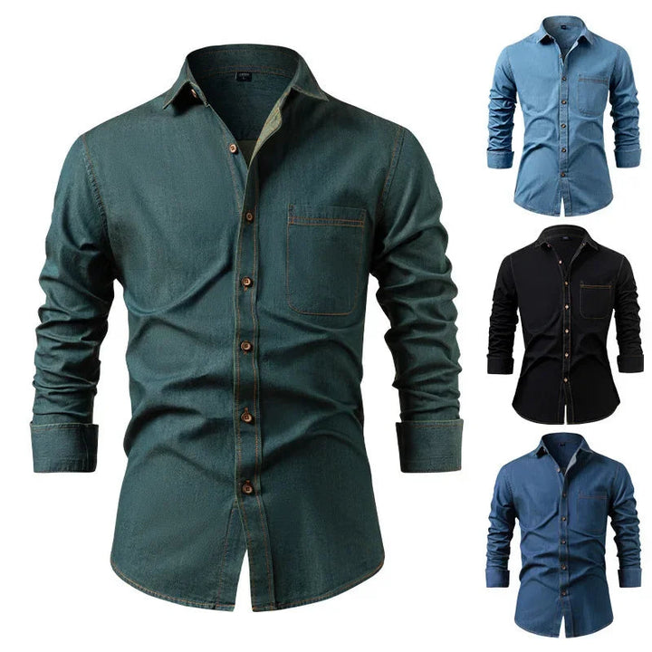 Slim Denim Look Button Up Shirt Dark Green 3