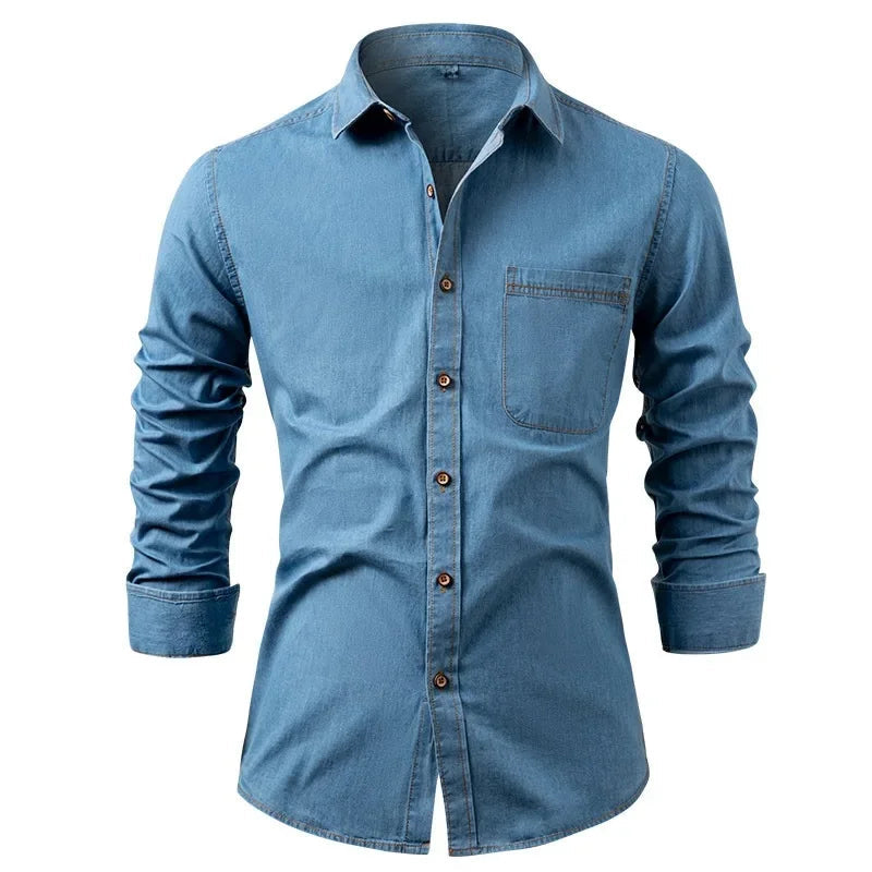 Slim Denim Look Button Up Shirt Light Blue 1