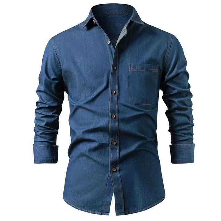 Slim Denim Look Button Up Shirt Navy 1